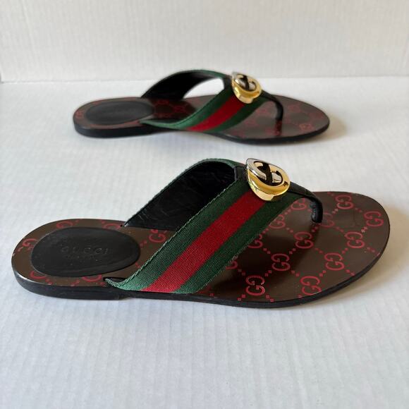 Gucci Kika Interlocking GG Web Stripe Flat Thong Sandals Red Green Size EU 38 - Picture 7 of 12